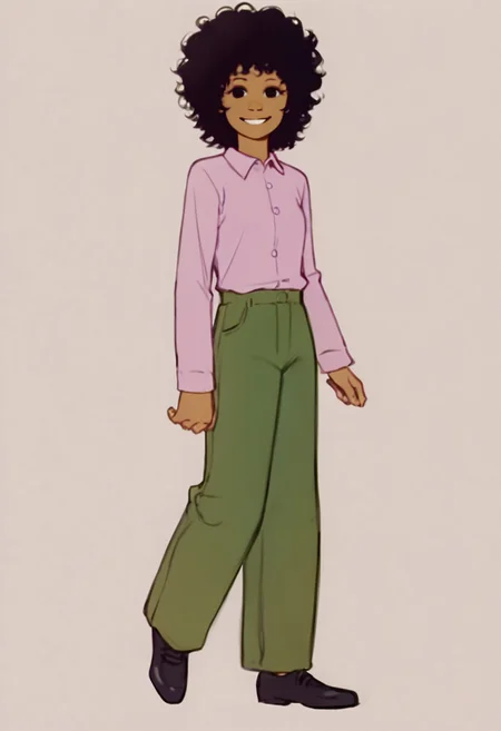score_9, score_8_up, score_7_up BREAK SScrgl, 1girl, brown skin, curly black hair, black eyes, long-sleeved soft pink shirt, green pants, black shoes, smiling at viewer,