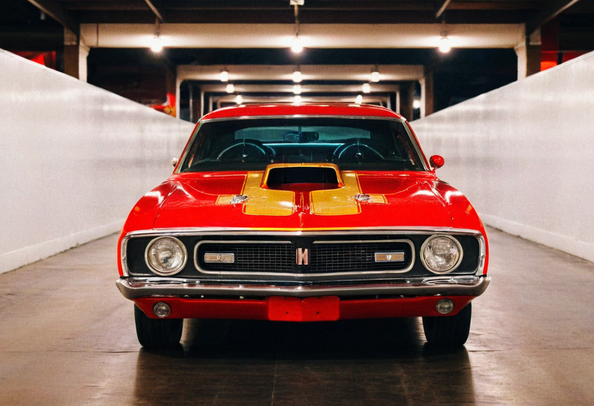 VintageMuscleCar gleaming dragster tunnel, symmetrical front view, bright headlights, neon lights, glass background, light reflections, 4K, highly detailed, closeup (stylish grainy analog film photo 35mm vintage Kodachrome)