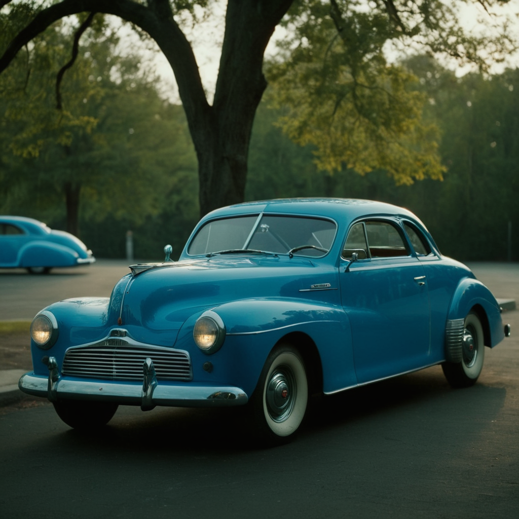 cinematic film still of  <lora:1940's style:1>
In the 1940's a blue car parked in a parking lot,outdoors,tree,no humans,letterboxed,ground vehicle,motor vehicle,car,vehicle focus,sports car  ,realistic,realism,perfection,perfect,filmic,retro,vintage,classic,different haircut,different look,different style,1940's style , 1940 style, shallow depth of field, vignette, highly detailed, high budget, bokeh, cinemascope, moody, epic, gorgeous, film grain, grainy