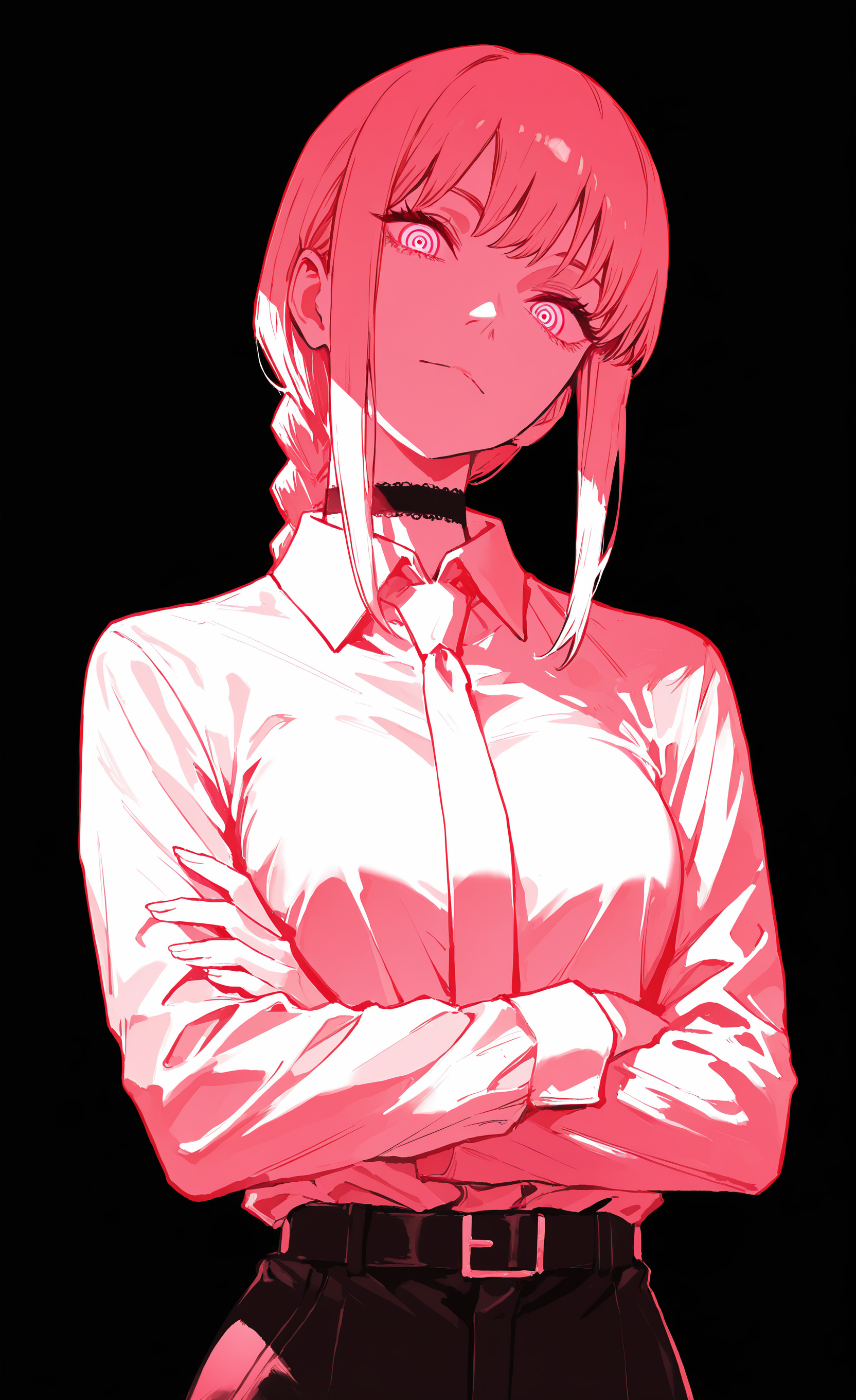 masterpiece, best quality, good quality, very awa, very aesthetic, absurdres, newest, makima \(chainsaw man\), 1girl, solo, long hair, looking at viewer, simple background, shirt, long sleeves, closed mouth, upper body, monochrome, braid, sidelocks, collared shirt, choker, pants, medium hair, belt, pink eyes, head tilt, glowing, crossed arms, formal, black background, glowing eyes, braided ponytail, shirt tucked in, ringed eyes, pink theme, business suit, high-waist pants <lora:ponyv6_noobV1_2_adamW-000017:0.7> <lora:USNR_STYLE_XL_lokr:0.45> <lora:EtherSDXL:0.15>