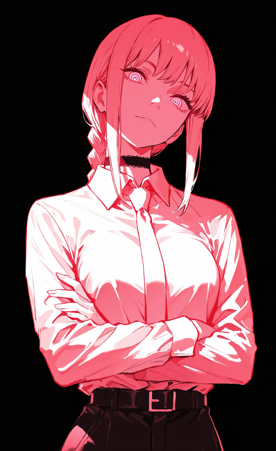masterpiece, best quality, good quality, very awa, very aesthetic, absurdres, newest, makima \(chainsaw man\), 1girl, solo, long hair, looking at viewer, simple background, shirt, long sleeves, closed mouth, upper body, monochrome, braid, sidelocks, collared shirt, choker, pants, medium hair, belt, pink eyes, head tilt, glowing, crossed arms, formal, black background, glowing eyes, braided ponytail, shirt tucked in, ringed eyes, pink theme, business suit, high-waist pants <lora:ponyv6_noobV1_2_adamW-000017:0.7> <lora:USNR_STYLE_XL_lokr:0.45> <lora:EtherSDXL:0.15>