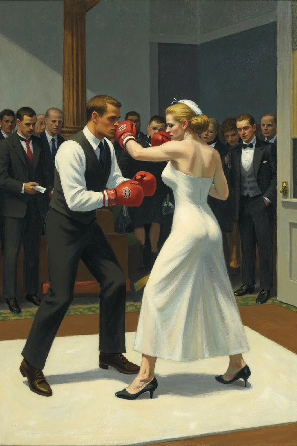 edwardhopper1 painting.
a man and a woman boxing at a wedding. They are wearing red boxing gloves. <lora:edwardhopper1_cap_d8a4e11:1.0><lora:847364549899198252:0>