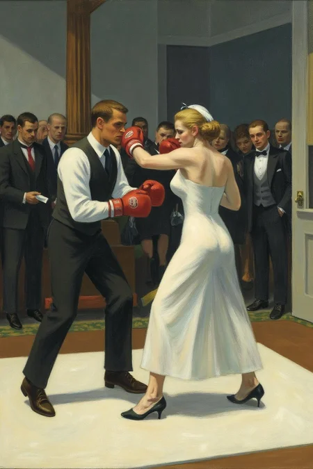 edwardhopper1 painting.
a man and a woman boxing at a wedding. They are wearing red boxing gloves. <lora:edwardhopper1_cap_d8a4e11:1.0><lora:847364549899198252:0>