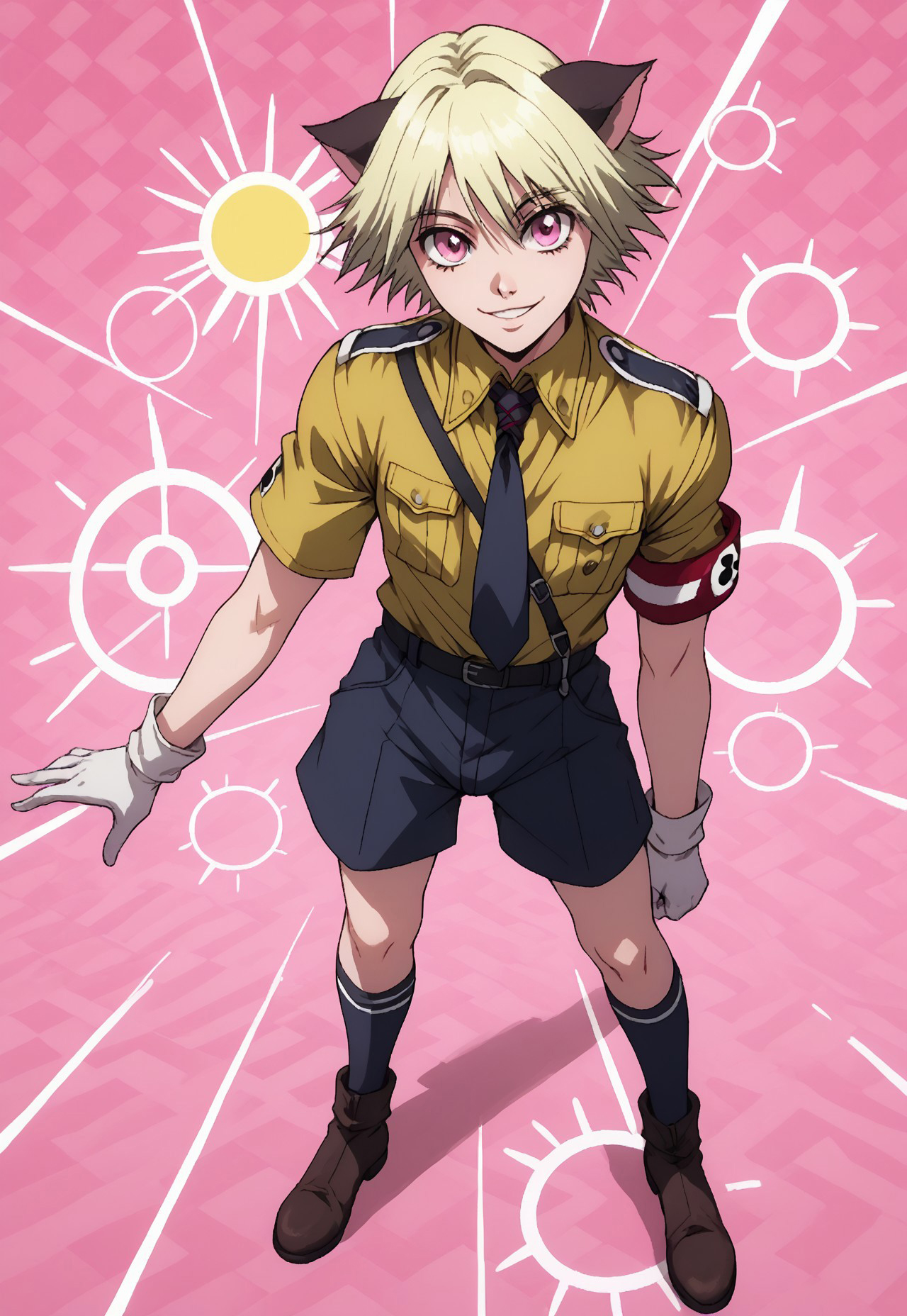 score_9, score_8_up, score_7_up, masterpiece, best quality, amazing quality, very aesthetic, absurdres, WOSchrödinger, 1boy, solo, male focus, blonde hair, short hair, cat ears, pink eyes, green collared shirt, black necktie, armband, white gloves, sam browne belt, black belt, black shorts, black kneehighs, brown boots, full body, dynamic pose, happy, pink background, perspective, looking at viewer, :3, patterned background, sun symbol background,