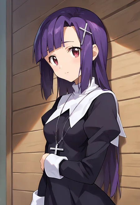 score_9, score_8_up, score_7_up, masterpiece, source_anime 1girl, ct_zange, purple hair, long hair, cross hair ornament, black dress, white turtleneck, long sleeves, cross necklace, looking at viewer, indoors, wooden wall, cowboy shot, shiny skin,<lora:Zange_Pony_ct:1>