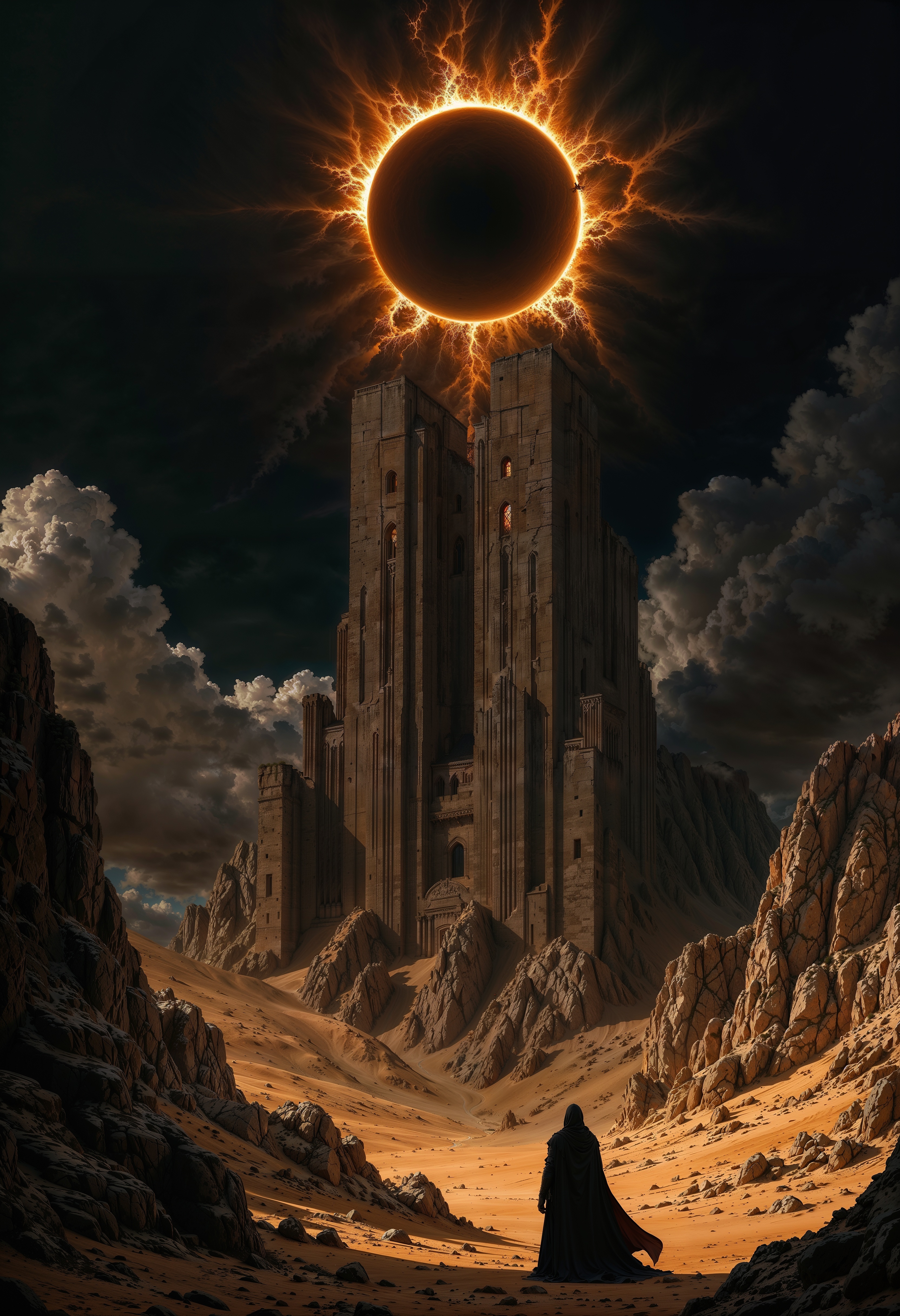a dramatic and surreal desert landscape under a dark, ominous sky. The scene is dominated by a large, ancient-looking stone structure with towering, rectangular shapes, reminiscent of a fortress or temple, situated on a rocky terrain. The structure is bathed in a warm, orange glow, contrasting with the dark, shadowy areas. Above, a striking solar eclipse is visible, with a bright, fiery ring surrounding the darkened sun, casting an eerie light across the scene. In the foreground, a solitary figure in a long, dark cloak stands on the sandy ground, facing the structure, adding a sense of scale and mystery. The clouds are thick and dramatic, swirling around the eclipse, enhancing the otherworldly atmosphere of the image.
