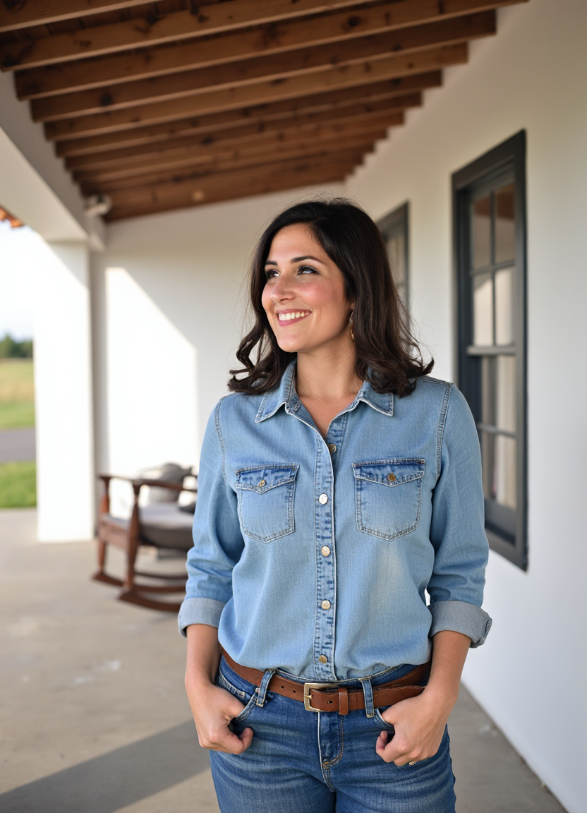 SFW, brightly lit, The image is a portrait of a woman standing on a porch with a wooden pergola. She is wearing a denim shirt with a button-down collar and blue jeans. She has a brown belt around her waist and her hands are in her pockets. The woman has e hair styled in loose waves and is looking off to the side with a slight smile on her face. In the background, there is a wooden rocking chair and a white wall with a window. The sky is blue and the grass is green, suggesting that the photo was taken during the day., aidmaimageupgrader<lora:flux\custom\celebrity\rikki-lake.safetensors:1.05:1.05> <lora:flux\turbo-8-step-flux.safetensors:0.5:0.5> <lora:flux\style\Common\aidmaImageUprader-FLUX-v0.3.safetensors:0.25:0.25>