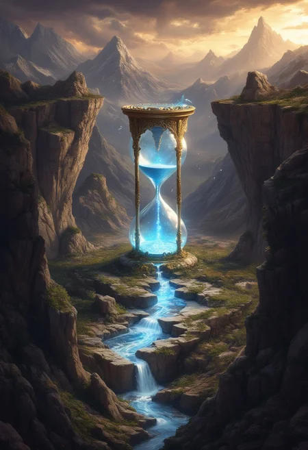 Improved cinematic photo, 35mm photograph, film, professional, 4k, highly detailed, aidmaMJ6.1,
A colossal hourglass embedded in the side of a mountain, spilling glowing sand into a valley,
The hourglass is made of crystalline glass, its edges rimmed with intricate golden engravings that glint in the sunlight. The sand within glows with an ethereal blue light, spilling out from a crack at its base and cascading down the rocky mountain slope into the valley below, where it pools like liquid starlight.
The surrounding landscape is vast and rugged, with jagged cliffs and patches of wildflowers growing in defiance of the rocky terrain. The sky above is dramatic, with swirling clouds tinted in shades of amber, purple, and gray, hinting at an approaching storm.
Flocks of tiny, glowing birds can be seen circling the hourglass, their soft light adding a magical touch to the scene. The atmosphere is a blend of grandiose and mystical, capturing a moment that feels both ancient and otherworldly, as though the hourglass has been counting time since the dawn of existence.