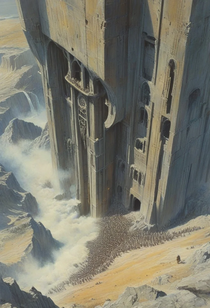 ((High angle From avove, camera from above, Bird's-eye view, aerial shot view)), professional concept-art painting, (famous artwork by alan lee, john howe, jim burns, john harris), Dune and LOTR collab, epic scifi/fantasy:
"Watching through my scrying glass,
as the legions of Sardaukar attack at dawn,
just like I had predicted,
I relight my pipe,
flick the ash,
watch it tumble down until it vanishes into the sea spray several hundred meters below,
the innumerable enemies indistinguishable at this height, as they rush up the inlet en masse,
The words of power echo in my mind,
follow promontory's wake,
become the vision of the fate,
persevere in the darkest hour,
do not let them through the gate,
for Minas Tirith must not fall!"