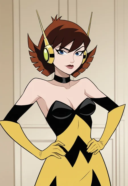 safe_pos, PonyScores6 BREAK ((style parody, parody), perfect anatomy, perfect eyes, cowboy shot), BREAK janet van dyne, short hair, brown hair, multicolored hair, blue eyes, lipstick, raised eyebrow, flirting, sultry eyes, ((looking at viewer)), choker, bare shoulders, strapless, dress, headphones, elbow gloves, yellow gloves, pantyhose, medium breasts, curvy, toned, athletic, sexually suggestive pose, standing, arched back, hands on hip, indoors