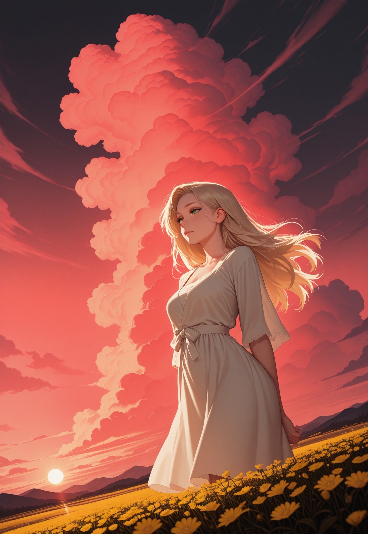 HDR, 8K, high contrast, masterpiece, best quality, amazing quality, very aesthetic, realistic, newest, volumetric lighting, (artist:incase:0.5), (artist:tsuaii:0.5), (flat colors:1), 1girl, solo, a beautiful 20year old woman with thick and lush blonde hair and bright green eyes gazes intently through a field in south moravia full of wildflowers. The sun is setting down while the storm is coming which is creating a somewhat pink sunset, storm clouds in distance, her hair is flowing in the wind She wears a black red and white folk dress. Dramatic angle, extreme dramatic angle, 