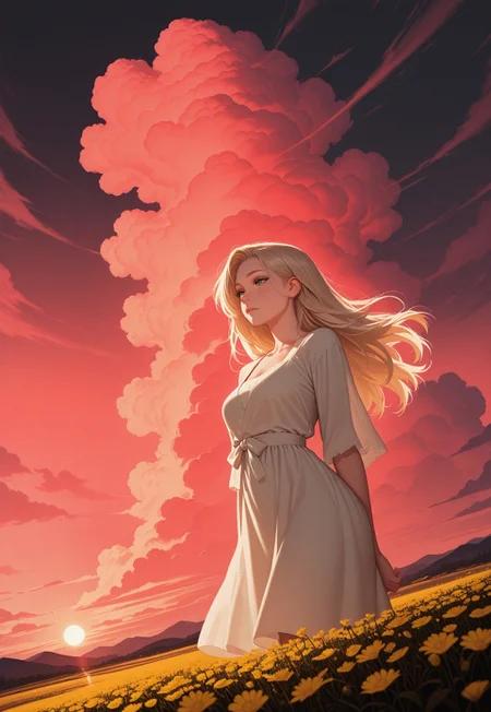 HDR, 8K, high contrast, masterpiece, best quality, amazing quality, very aesthetic, realistic, newest, volumetric lighting, (artist:incase:0.5), (artist:tsuaii:0.5), (flat colors:1), 1girl, solo, a beautiful 20year old woman with thick and lush blonde hair and bright green eyes gazes intently through a field in south moravia full of wildflowers. The sun is setting down while the storm is coming which is creating a somewhat pink sunset, storm clouds in distance, her hair is flowing in the wind She wears a black red and white folk dress. Dramatic angle, extreme dramatic angle,