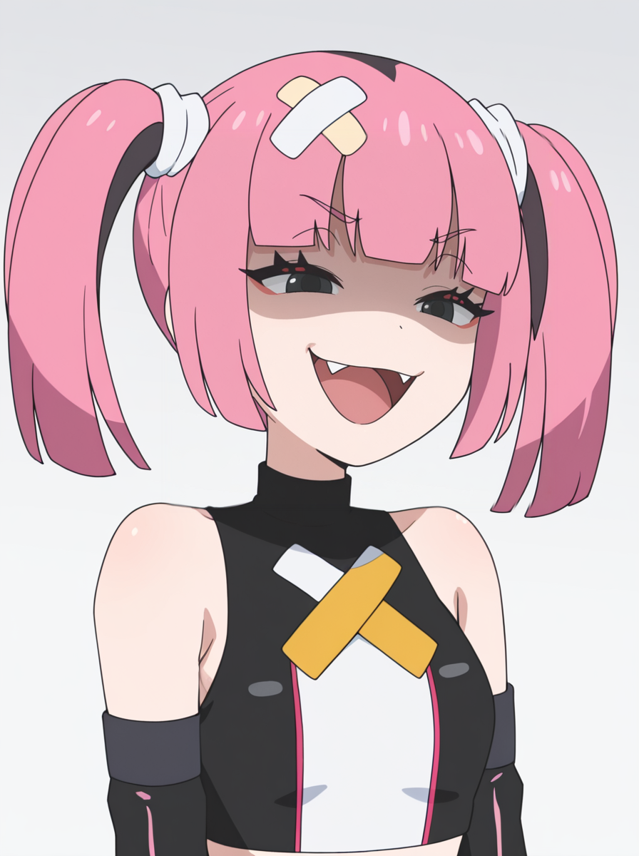 masterpiece, best quality, amazing quality, very aesthetic, absurdres, newest, simple background,  white background,  
<lora:SangoMegaVoltage:0.7>sangomegavoltage, 1girl, bandaid on head, pink hair, solo, twintails, bangs, black eyes, fang,  detached sleeves, crop top, bare shoulders , upper body,  smug open mouth,  upper teeth only, evil grin,  partially shaded face,