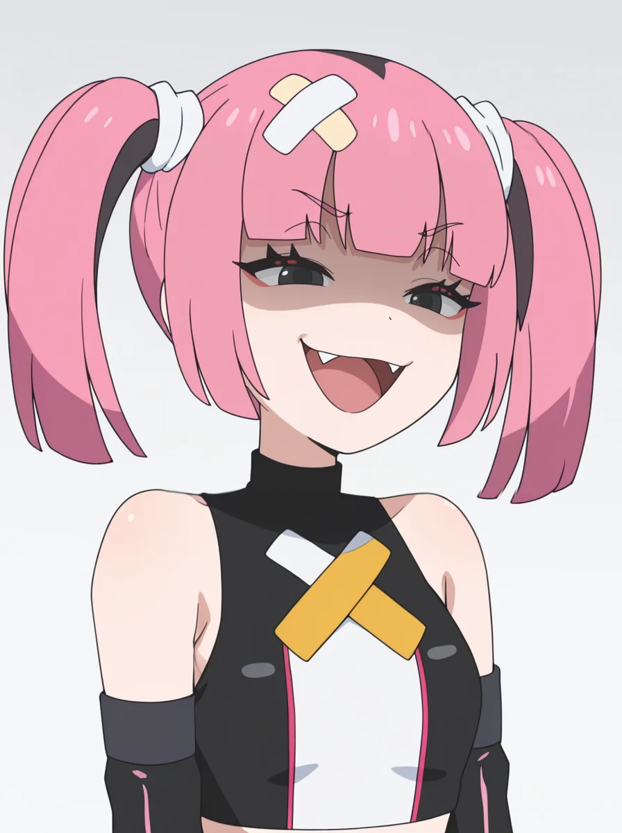 masterpiece, best quality, amazing quality, very aesthetic, absurdres, newest, simple background, white background,
<lora:SangoMegaVoltage:0.7>sangomegavoltage, 1girl, bandaid on head, pink hair, solo, twintails, bangs, black eyes, fang, detached sleeves, crop top, bare shoulders , upper body, smug open mouth, upper teeth only, evil grin, partially shaded face,