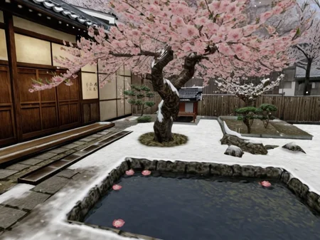5henmuestyle, a japanese style home yard with a cherry blossom tree in winter, small pond, snow, house, steps  <lora:Shenmue:1>