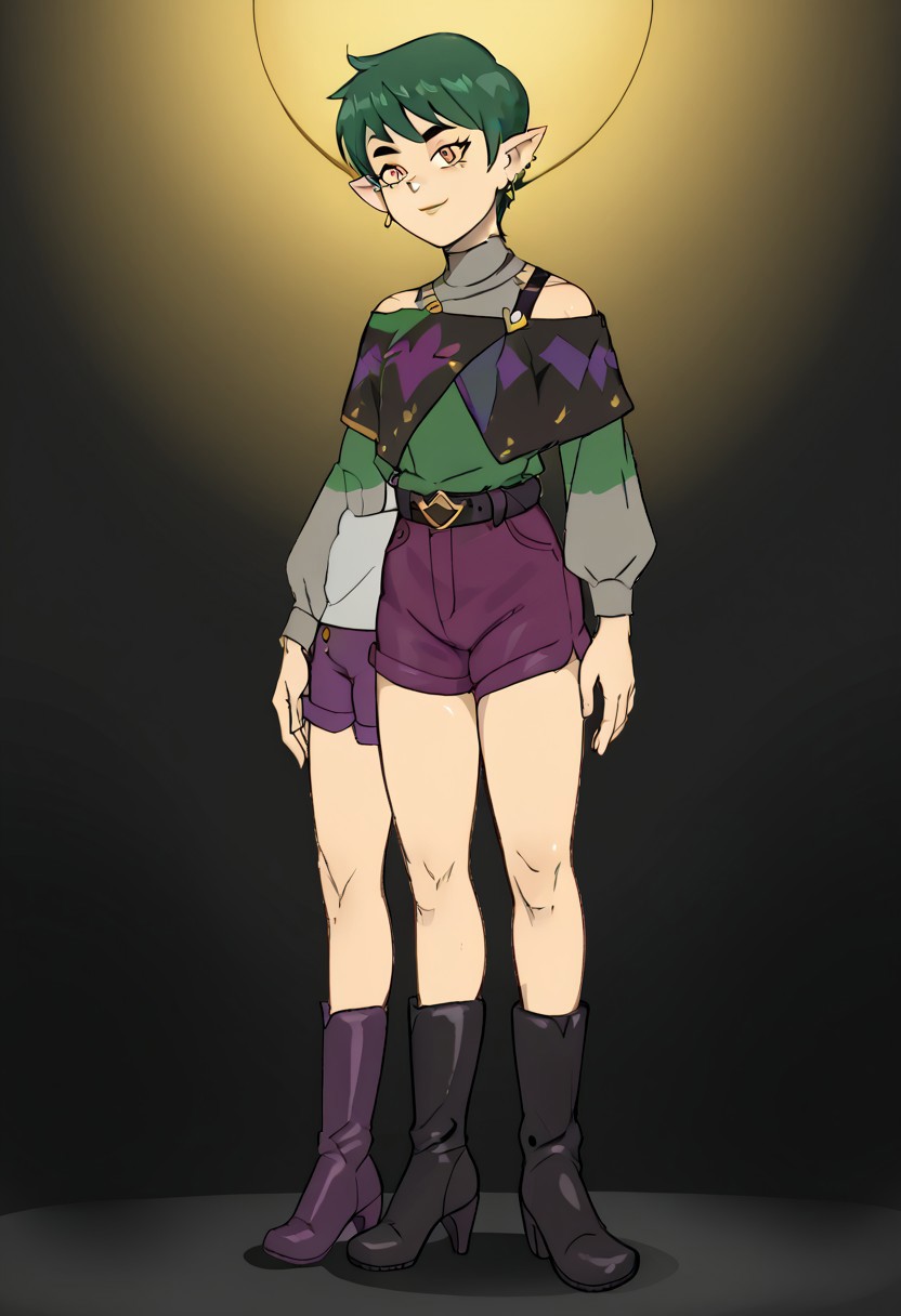 Masterpiece, best quality, amazing quality, absurdres, highly detailed, very aesthetic, kug4r44423, Emira Blight, pale skin, pointed ears, earrings, golden eyes, mole, green hair, pixie cut, acne, gray long-sleeved shirt, rust-colored trimmed ends, black and purple shoulderless, one-strap-cowl, dull gold dangles, purple shorts, black belt, black heeled boots