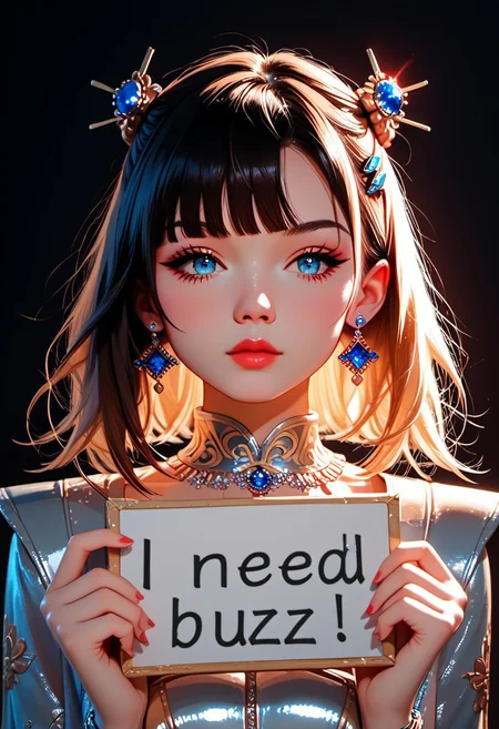 masterpiece, best quality, good quality, very aesthetic, absurdres, newest, 8K, depth of field, focused subject, in the style of cknc, artist:moriimee, in the style of cksc, BREAK
side portrait of stunning Chinese woman, bangs, sidelocks, bangs, choker, necklaces, earrings, hairpin, irridescent dragon-scale armour glittering in different colours, holding scimitar, dynamic pose, dark background, directional lighting, viewed from below, ((need_buzz)), holding sign that reads "I need buzz!"