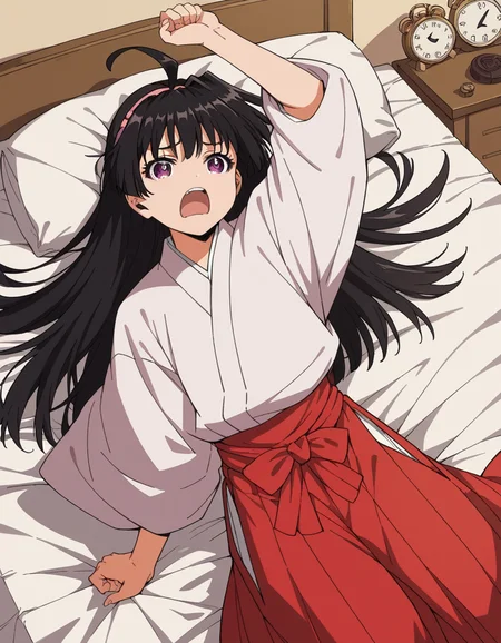 score_9, score_8_up, score_7_up, source_anime, <lora:ayako-mochizuki-s1-ponyxl-lora-nochekaiser:1>, ayako mochizuki, long hair, black hair, purple eyes, ahoge, hairband,, skirt, japanese clothes, hakama, miko, red hakama,, bedroom, alarm clock, morning routine, yawning, stretching, on bed,, , , v,, solo,, cowboy shot, dutch angle
