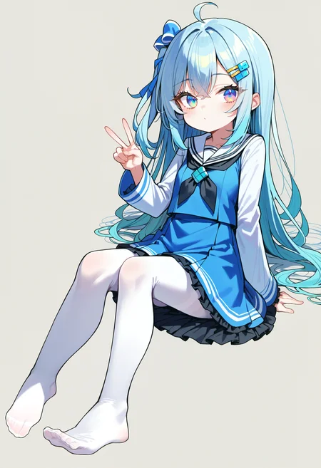 score_9, source_anime, score_8_up, score_7_up,simple background,white background,<lora:madobev1-000040:0.7> madobev1,full body,sitting,v sign,cyan hair,multicolored eyes, one side up, white_pantyhose,barefoot,no shoes, serafuku, hair ornament, hair bow,black neckerchief,white frills,