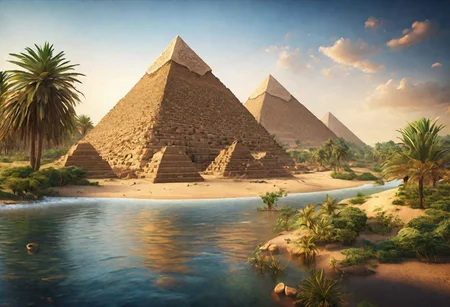 HDR,UHD,8K,Highly detailed,realistic,photo-realistic:1.37), pyramids near a river