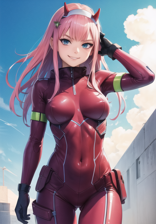 (Photo:1.3), highdetail, <lora:Zero_Two_Darling:0.8>, Zero_Two_Darling, smirk, bodysuit, (masterpiece, best quality, detailed:1.3)