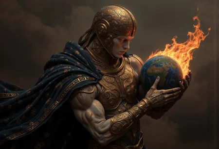A pale god, towering and imposing, stands before the viewer, his muscular shoulders and broad chest partially exposed beneath scratched and dented bronze armor. Intricate engravings of ancient Norse symbols—runes, the world tree Yggdrasil, and the Valknut—adorn the metal, their surfaces darkened by the stains of ancient battles. His skin, as pale as weathered stone, glistens in the fading light, highlighting the contours of his powerful physique. A thick, rune-embroidered hood shrouds his face in shadow, lending him an air of mystery and timeless wisdom. In his right hand, he holds the Earth itself - burning in modern conflict. His other hand rests calmly at his side, exuding a quiet yet overwhelming presence. A dark, galaxy-print cloak, woven with shimmering constellations, flutters in an unseen wind, trailing behind him. The setting sun casts warm, golden light upon his form, illuminating the runes etched into his armor, enhancing the godly, primal power that emanates from him.