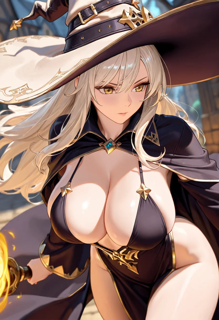 1girl, witch, (huge brimhat:1.1), mage, robes, revealing, casting, platinum blonde hair, golden eyes, shadow masterwork, masterpiece, best quality, detailed, depth of field, , high detail, best quality, very aesthetic, 8k, dynamic pose, depth of field, dynamic angle, adult, aged up