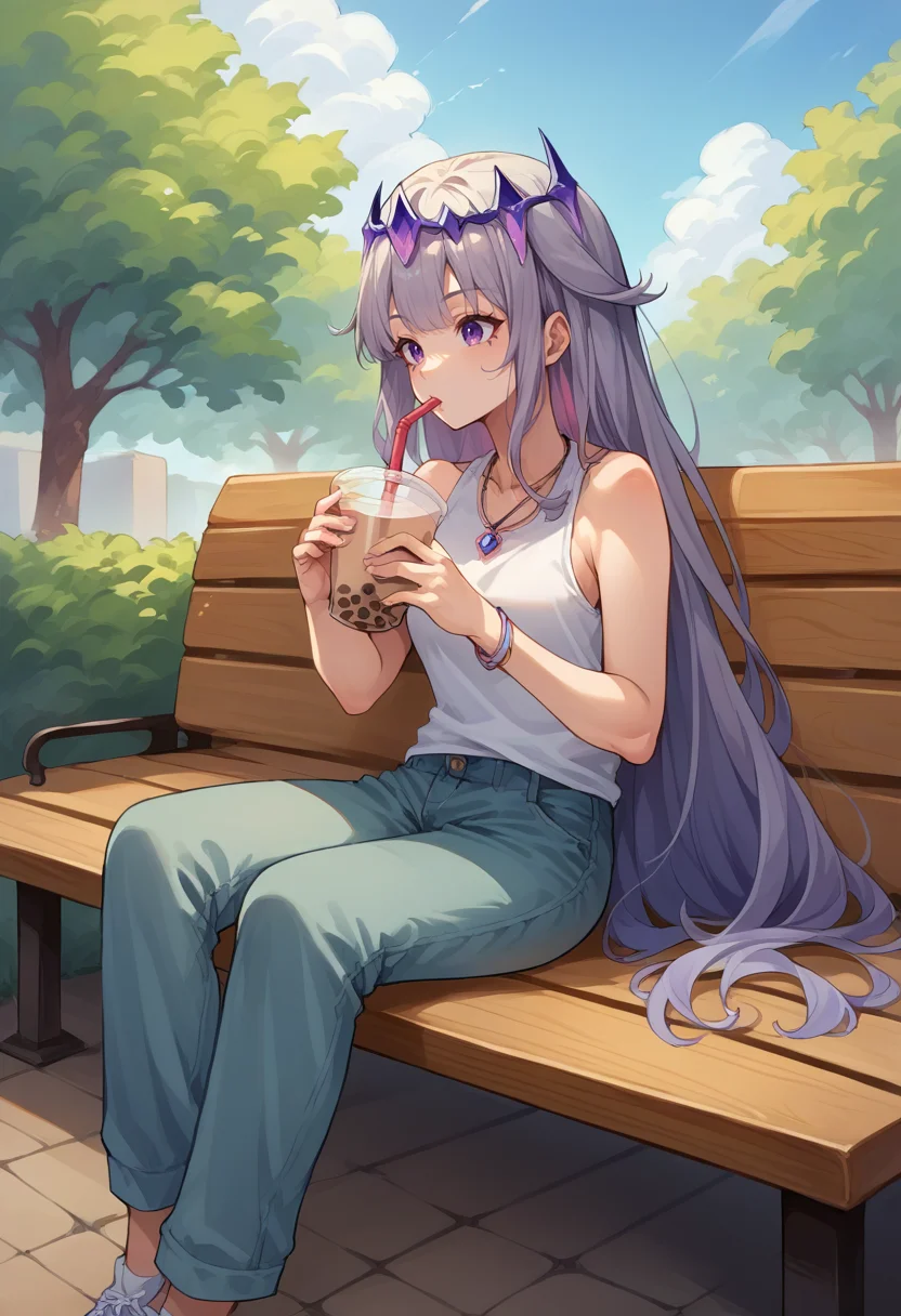 score_9, score_8_up, source_anime, 1girl, solo, KosekiBijou, long hair, hair flaps, floating headpiece, tank top, pants, outdoors, sitting, on bench, drinking, sipping, straw, bubble tea, necklace, <lora:ChamKosekiBijouPonyXL:1>
