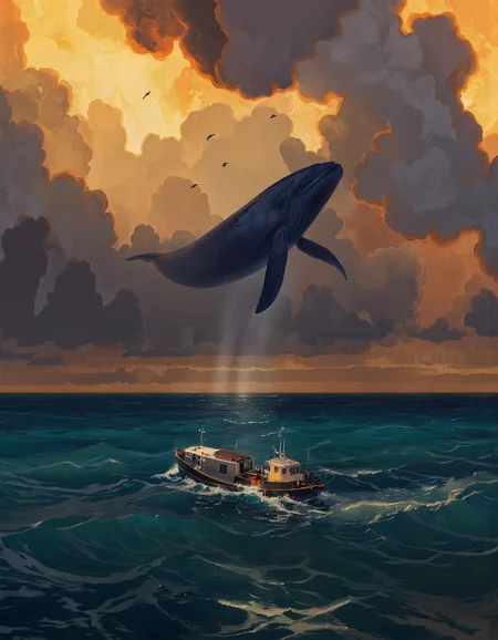 By Artem Chebokha. A dramatic digital illustration shoot from a far camera angle about a dramatic scene depicting a large stormy sky with vibrant colors and a ship in the foreground. in the middle of the image, a large, majestic blue whale is facing the viewer with its mouth open, as if it is about to take flight. the whale's tail is visible, and it appears to be in mid-air, with its fins and tail visible. the ship is partially submerged in the ocean, with a few birds flying around it. the ocean is a deep blue-green color, and the waves are crashing against the shore. the sky is filled with dark, stormy clouds, with orange and yellow hues, creating a dramatic contrast with the deep blue of the ocean.