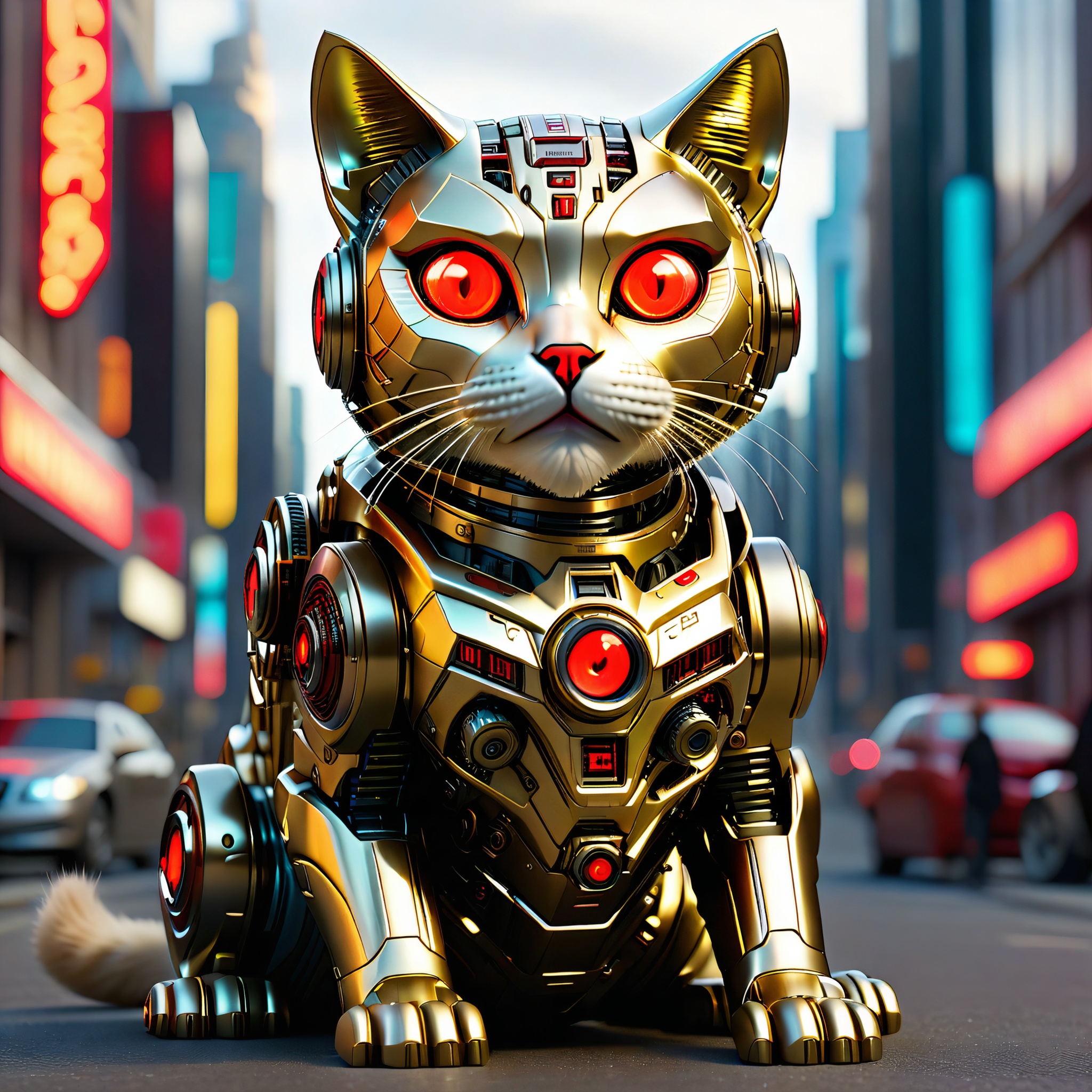 sitting hybrid full bio-mechanical cat with gold metallic fur and red glowing camera eyes in the streets in a futuristic mega city on a generation spacecraft