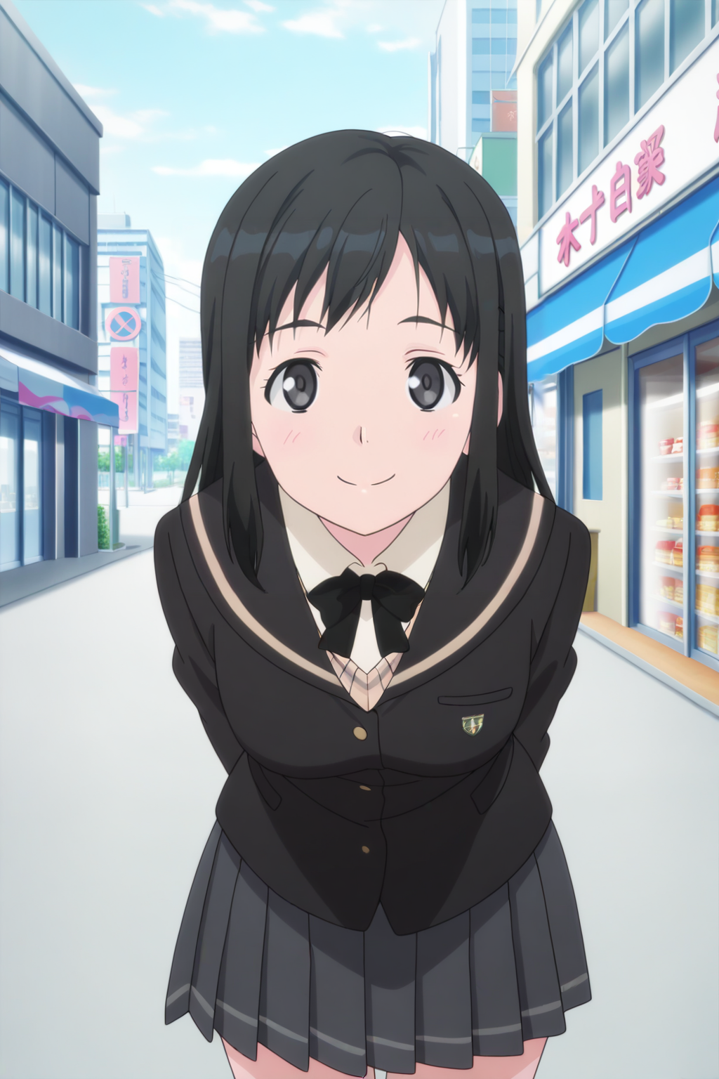anime screenshot, touno kyouko, 1girl, solo, black hair, long hair, black eyes, medium breasts, school uniform, kibito high school uniform, black jacket, white shirt, collared shirt, long sleeves, brown sweater vest, black bowtie, grey skirt, pleated skirt, looking at viewer, smile, arms behind back, leaning forward, cowboy shot, outdoors, city, shop, masterpiece, best quality, high quality, highres, absurdres, <lora:touno_kyouko_ILXL:0.9>