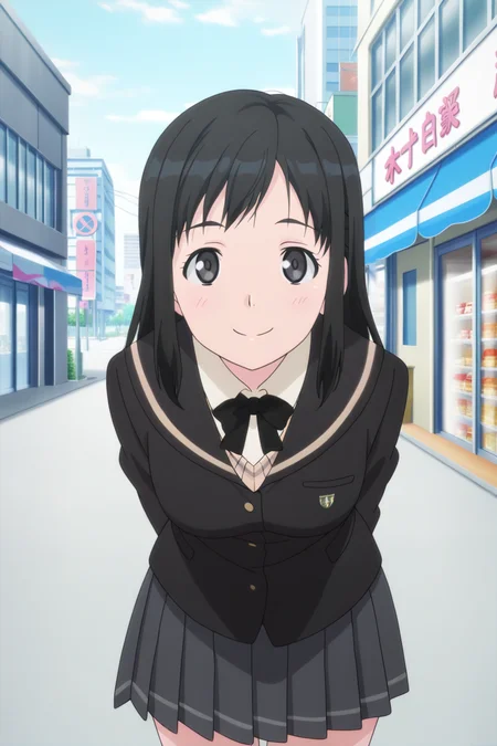 anime screenshot, touno kyouko, 1girl, solo, black hair, long hair, black eyes, medium breasts, school uniform, kibito high school uniform, black jacket, white shirt, collared shirt, long sleeves, brown sweater vest, black bowtie, grey skirt, pleated skirt, looking at viewer, smile, arms behind back, leaning forward, cowboy shot, outdoors, city, shop, masterpiece, best quality, high quality, highres, absurdres, <lora:touno_kyouko_ILXL:0.9>