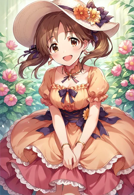 score_9, score_8_up, score_7_up, source_anime, totoki airi, brown hair, brown eyes, twintails, 1girl, solo, dress, hat, smile, earrings, flower, jewelry, ribbon, blush, open mouth