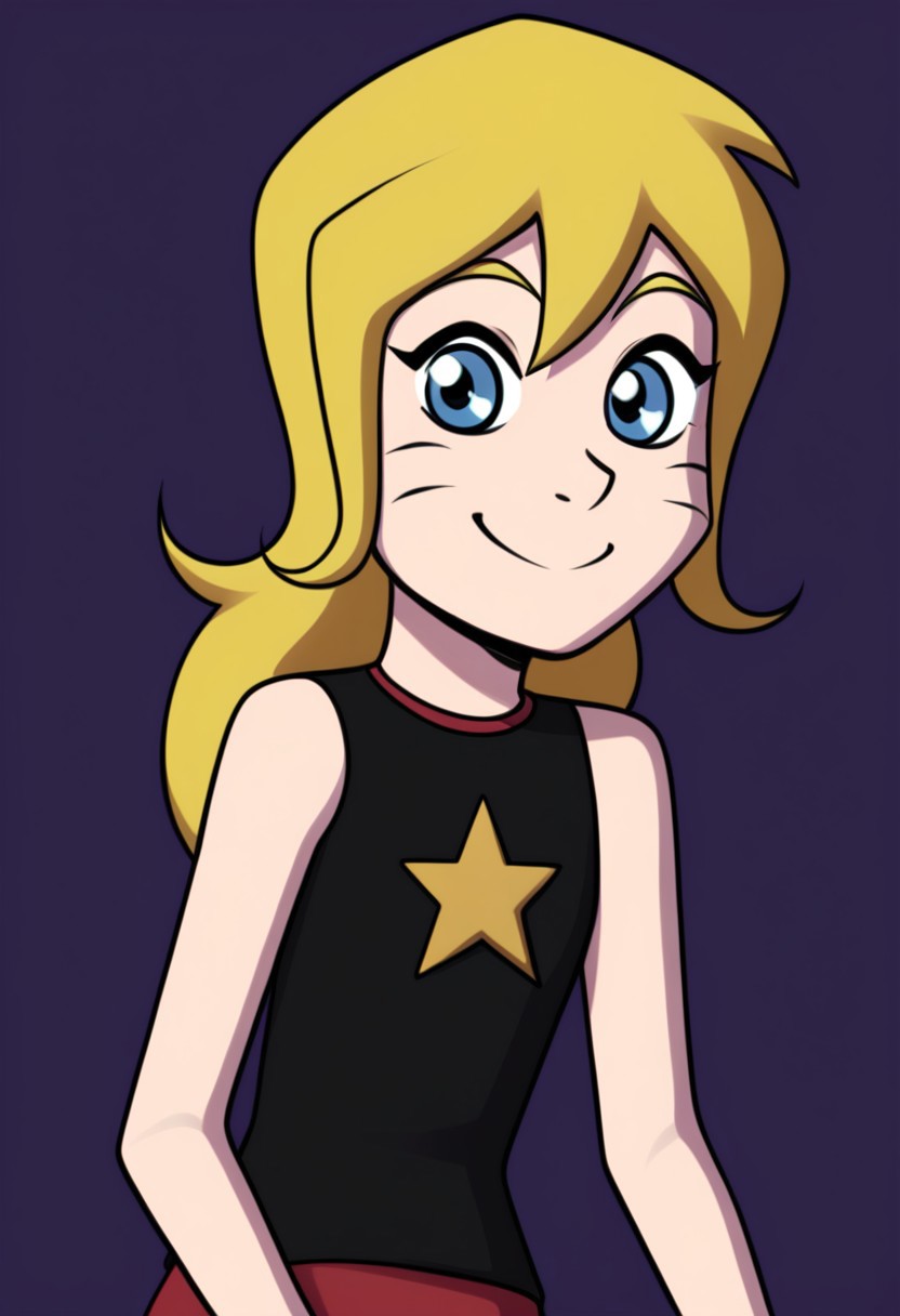 ss_style, ss_lucymann, 1girl,solo,blonde hair,  long hair, blue eyes, smile, star (symbol), sleeveless,black shirt, whisker markings, facial mark, sleeveless shirt,upper body,skirt,smile,purple background,simple background