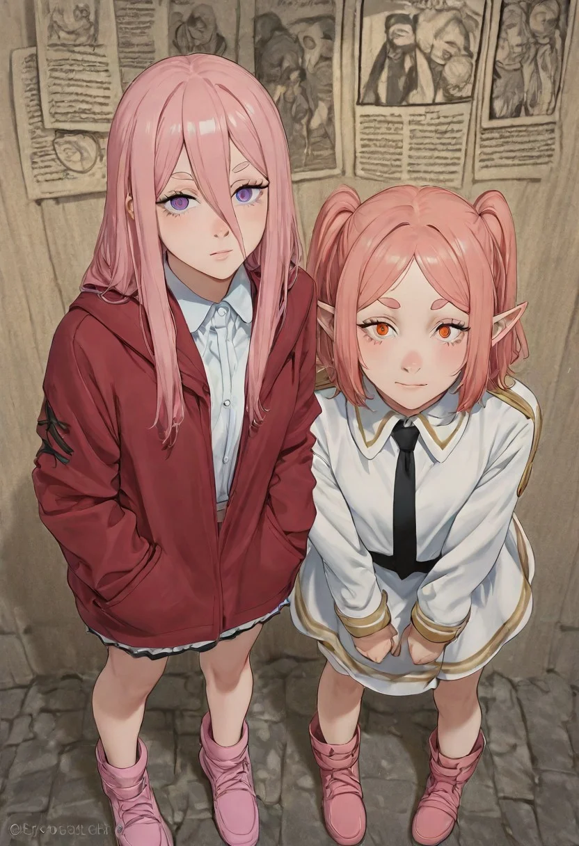 (medieval style, (medieval town, medieval background) score_9, score_8_up, score_7_up, score_6_up, masterpiece, best quality, newest, absurdres, highres, traditional media, 1girl, HANA4, black necktie, necktie, solo, medium hair, purple eyes, pink hair, shirt, jacket, white shirt, skirt, pink footwear, collared shirt, shoes, power \(chainsaw man\), hands in pockets, facing viewer, looking at viewer, leaning forward, close-up, red jacket, close-up,portrait, Frieren style, Beyond Journey's End, 葬送のフリーレン, Sōsō no Furīren, Frieren the Slayer, Kanehito Yamada, Tsukasa Abe, Shogakukan shōnen