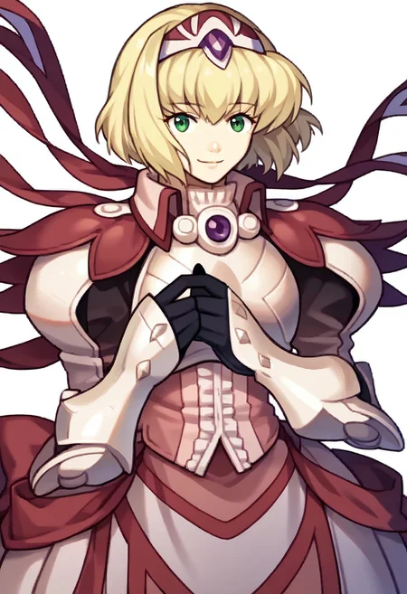 score_9, score_8_up, score_7_up, source_anime BREAK 1girl, solo, <lora:zs_FEEchoesPortraitsXL:1> echoesportraits, cowboy shot, solo, white background,<lora:xfalexia-pdxl-nvwls-v1-000005:1> fenAlexia, short hair, blonde hair, hair ornament, gauntlets, armored dress, red bow, black gloves, smile