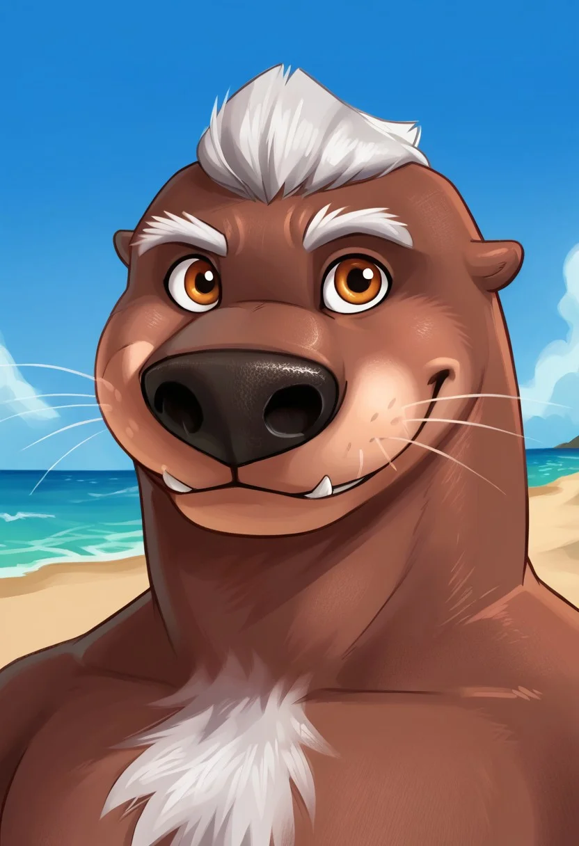 Anthro, source_furry, 1boy,  male, (solo), blue sky, beach, day sky, looking at viewer, otter tail, smile, Brown fur, White Hair, portrait, Only face and chest visible
