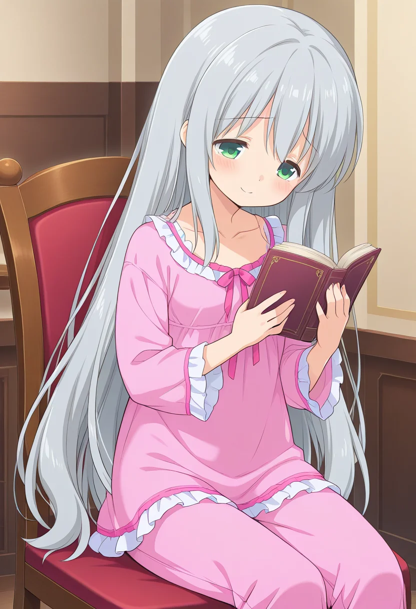 1girl, solo, lalaciellalanciel, grey hair, very long hair, hair down, green eyes, pink nightgown, pink pants, pajamas, indoors, sitting, chair, holding book, sad, smile,