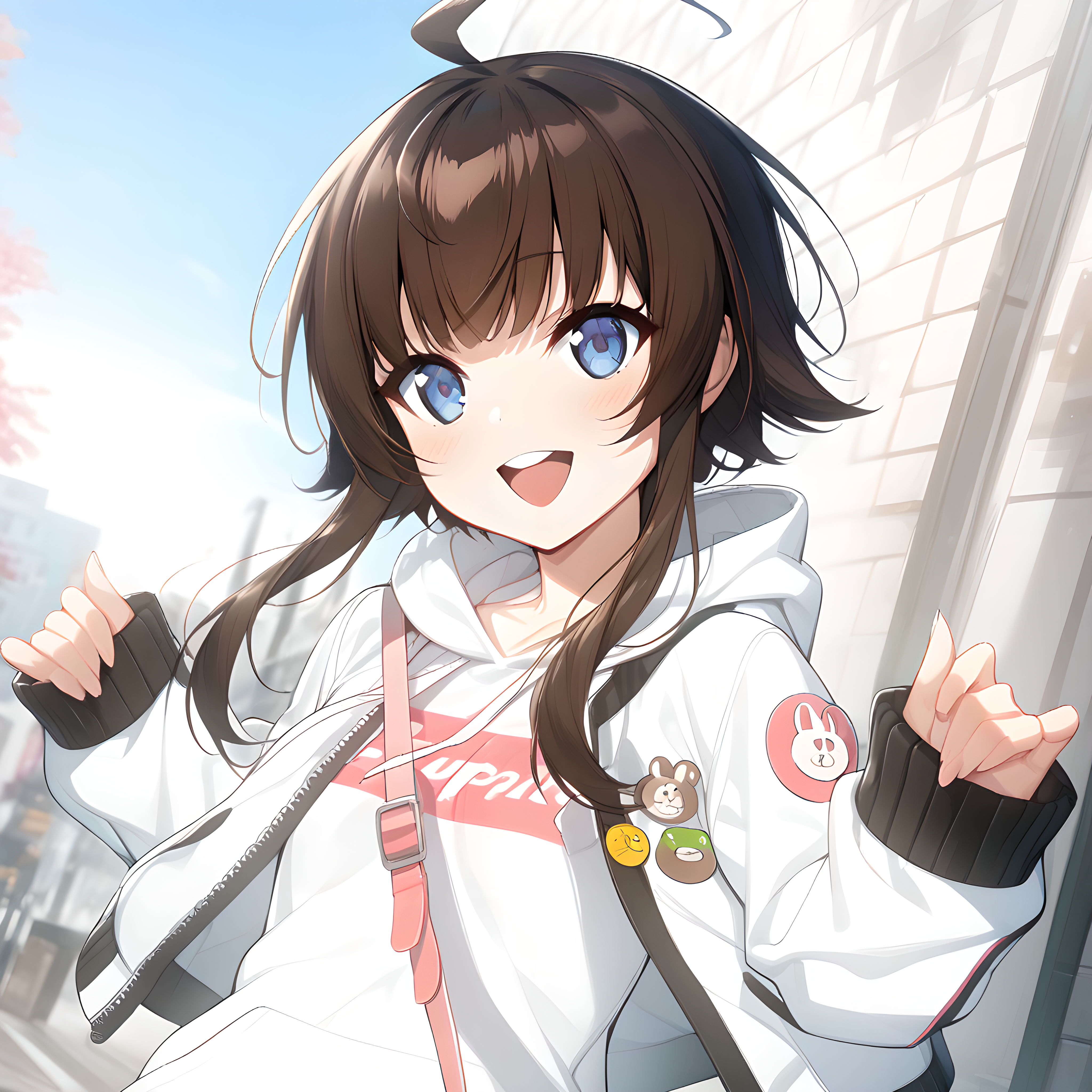(masterpiece),(best quality),(ultra-detailed),(best illustration),(best shadow),(absurdres),(detailed background),(very aesthetic), yang harim, hood, solo, 1girl, hood down, blue eyes, ahoge, brown hair, white jacket, sleeves past wrists, jacket, white hoodie, long sleeves, upper teeth only, open mouth, white background, defaultoutfit, smile,  <lora:Yang_Harim:1>