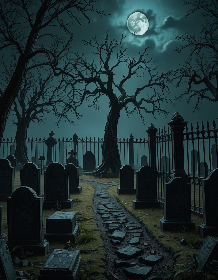 A dark and eerie cemetery shrouded in mist, with ancient, weathered tombstones covered in moss. The scene is dimly lit by a pale, ghostly moonlight filtering through twisted, leafless trees. Cracked stone pathways lead through the graveyard, partially hidden by overgrown grass and creeping ivy. A few old, gothic-style mausoleums stand in the background, their iron gates slightly ajar, adding to the mysterious and haunting atmosphere. Wisps of fog swirl around the gravestones, enhancing the eerie mood. The overall color palette consists of deep blues, grays, and muted greens, creating a cold and unsettling ambiance. The image is highly detailed and photorealistic, capturing the textures of the aged stone, the fogâs movement, and the ominous shadows stretching across the ground. 
<lora:SDXLFaeTastic2400:0.4> <lora:extremely_detailed:0.4> extremely detailed,<lora:33r13_c3m3t3ry-ill:1>,33r13 c3m3t3ry, Masterpiece,best quality,hi res,8k,hi res,8k,award winning,(sharp focus, intricate, highly detailed),