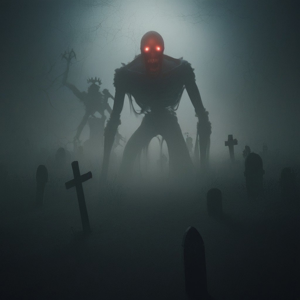 source_anime, source_game, score_9, score_7_up, (CR33P1NGF0G, fog), Scream_(movie), (ghostface), fog, dark, night, haze, 1man, skeletal, long jaw, sharp teeth, ooze, slime, scenery, cemetary, open grave, dirt, headstones, monolith, graveyard, tomgbstone, monster, red eyes, glowing, detailed, the_witcher_3 , detailed background, (halloween), jack_o'lantern