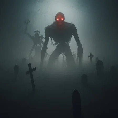source_anime, source_game, score_9, score_7_up, (CR33P1NGF0G, fog), Scream_(movie), (ghostface), fog, dark, night, haze, 1man, skeletal, long jaw, sharp teeth, ooze, slime, scenery, cemetary, open grave, dirt, headstones, monolith, graveyard, tomgbstone, monster, red eyes, glowing, detailed, the_witcher_3 , detailed background, (halloween), jack_o'lantern
