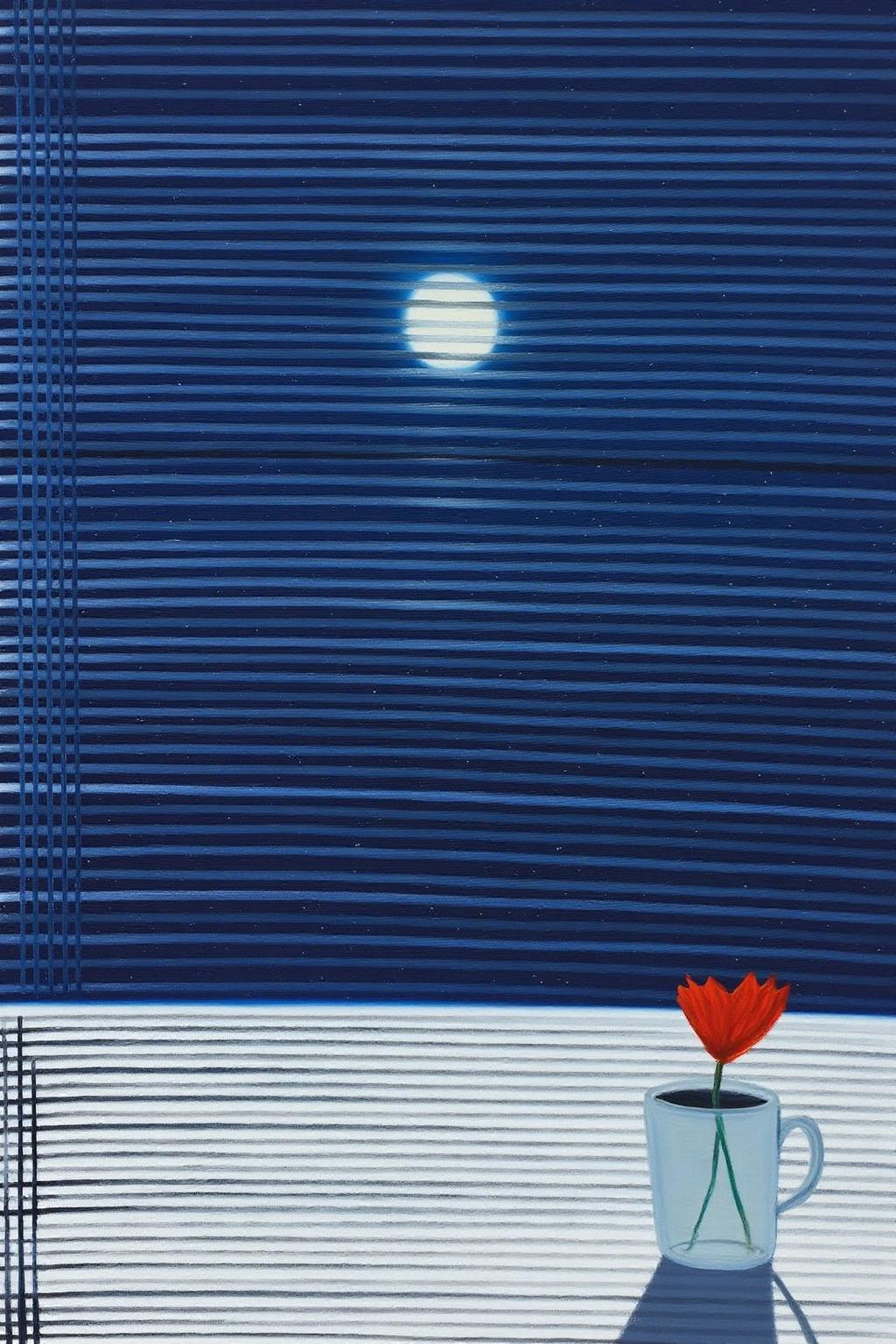 mawo1 painting.
A painting with a surreal, abstract style. It depicts a window with a venetian blind. The night sky with a full moon is visible outside. The moonlight cast a stripe pattern on a white surface. There is a cup holding a red flower on the surface. <lora:mawo1_cap_d6a3e12:1.0><lora:821392326476734575:0>