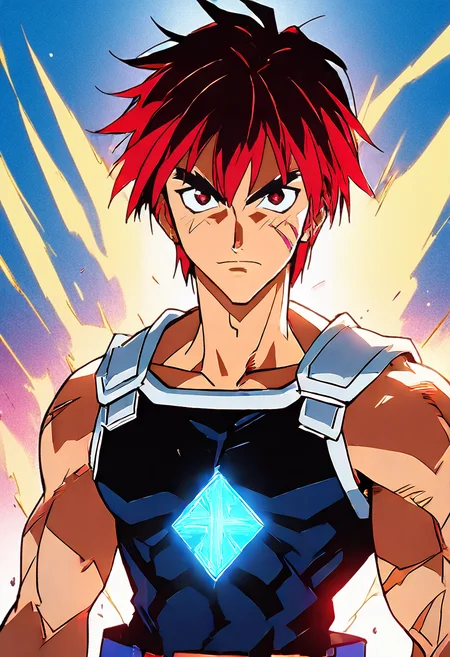 source_anime, (masterpiece), (best quality), score_9, score_8_up, score_7_up, (masterpiece:1.2), (best quality:1.3), 1boy <lora:Gene_Starwind_Outlaw_Star-000005:0.8> gstar_ostr, red hair, scar, looking at viewer, portrait, muscular, shoulder star <lora:Sauna:0.55> CandiSAUNA, 1stclutter, 2ndclutter, masterful composition, dynamic movement, low-key lighting, lo-fi, glow, dynamic cinematic lighting, ray_tracing, global illumination <lora:Anime Style (Vauxz) PONY:0.8>