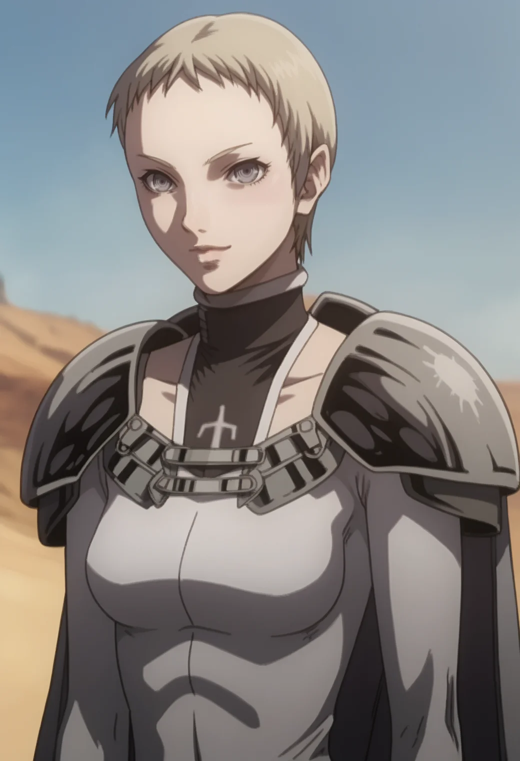 score_9, score_8_up, score_7_up, source_anime, BREAK , white background,1girl, solo, <lora:DX888Deneve:1> deneve, bodysuit, pixie cut, pauldrons, cape, light smile,