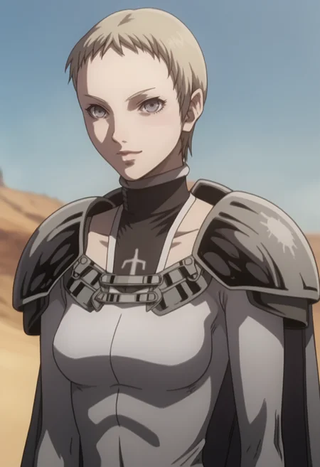 score_9, score_8_up, score_7_up, source_anime, BREAK , white background,1girl, solo,  <lora:DX888Deneve:1> deneve, bodysuit, pixie cut, pauldrons, cape, light smile,
