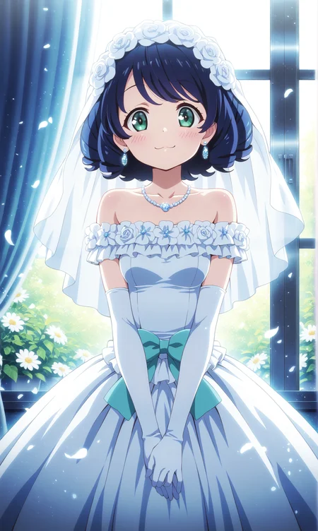 masterpiece, best quality, curvy, beautiful eyes, zzcyanhijirikawa, 1girl, solo, looking at viewer, dress, flower, black hair, smile, window, short hair, jewelry, blue hair, curly hair, backlighting, wedding dress, dot nose, green eyes, bare shoulders, :3, veil, collarbone, earrings, aqua eyes, indoors, strapless, blush, curtains, gloves, white flower, necklace, closed mouth, white dress, breasts, elbow gloves, v arms, strapless dress, small breasts, white gloves, off-shoulder dress, alternate costume, off shoulder, happy, tareme, bridal veil, light particles, light blush, frills, sidelocks, frilled dress, waist bow, sunlight,