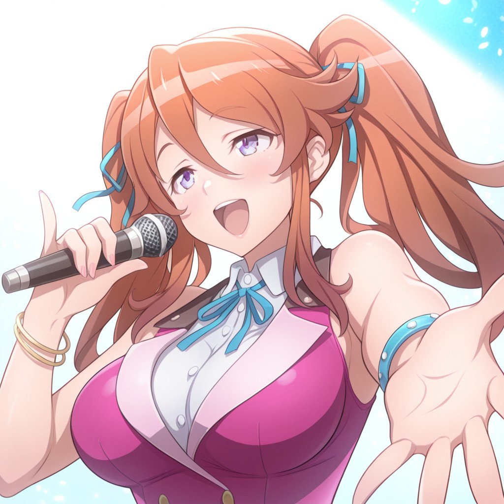 masterpiece,best quality,highres, absurdres, aya_sugihara, 1girl, microphone, twintails, solo, open mouth, breasts, bracelet, long hair, jewelry, brown hair, singing, large breasts, idol, music, holding microphone, ribbon, smile, hair ribbon, reaching, sleeveless, pink waistcoat, white collared_shirt,