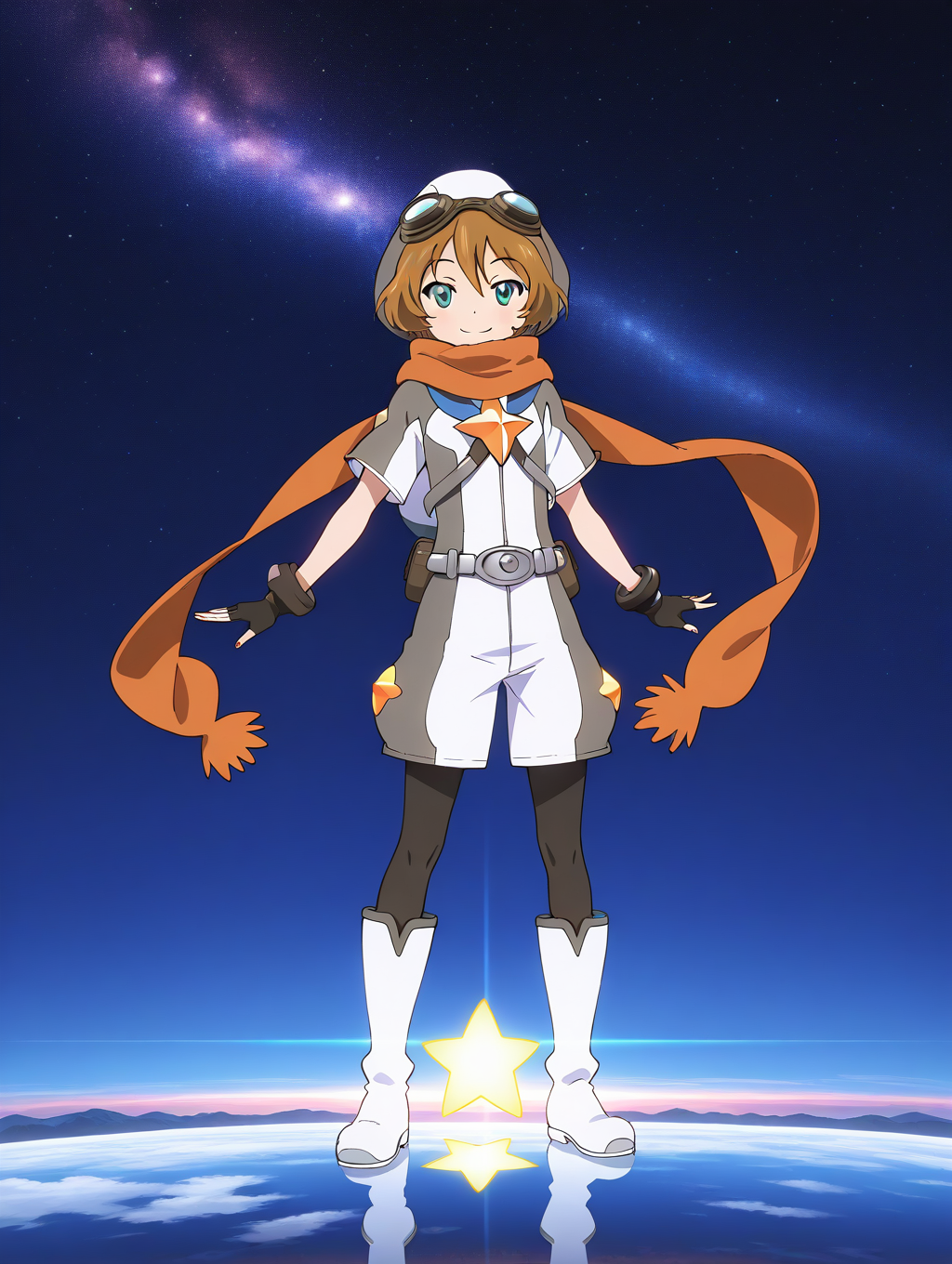 general,highres, ultra-detailed,very aesthetic,best quality ,best hands,  BREAK <lora:Elnath_Houkago_no_Pleiades_IS:1> Elnath(Pleiades), 1boy,solo, scarf, goggles, brown hair, goggles on head, short hair, aqua eyes, 
 1girl, solo, full body, gloves, boots, smile, pantyhose, shorts, looking at viewer, orange scarf, fingerless gloves, 
white footwear, short sleeves, star (symbol), black pantyhose, black gloves, standing, white shorts,
galaxy, sky,