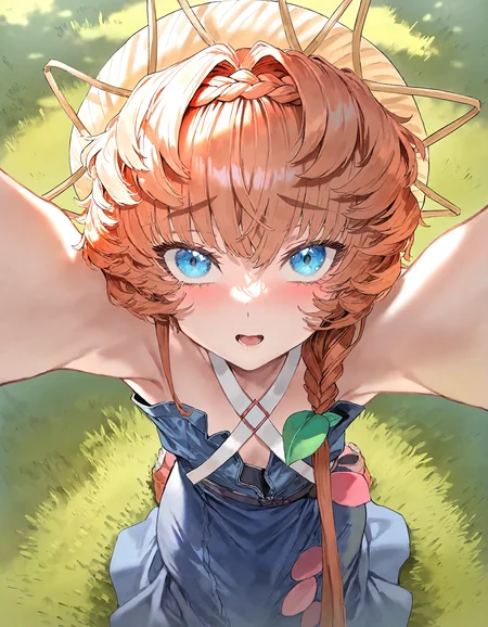 van_gogh_(fate), fate/grand_order, munakata_(sekimizu_kazuki):1.2,mogudan:0.7, hamada_yoshikazu:0.8 ,toriyama_akira_(style):0.8, quasarcake:0.8,rolua, ,negative space,
masterpiece, highres, absurdres, newest,
1girl, blue_dress, blue_eyes, dress, flat_chest, grass ,hat,,open_mouth ,orange_hair, outdoors, smile, solo, sunlight from above, incoming_kiss, looking_at_viewer , outstretched_arms ,pov,
, detailed background,
<lora:ponyv4_noob1_2_adamW:0.5>, <lora:add-detail-xl:0.5>